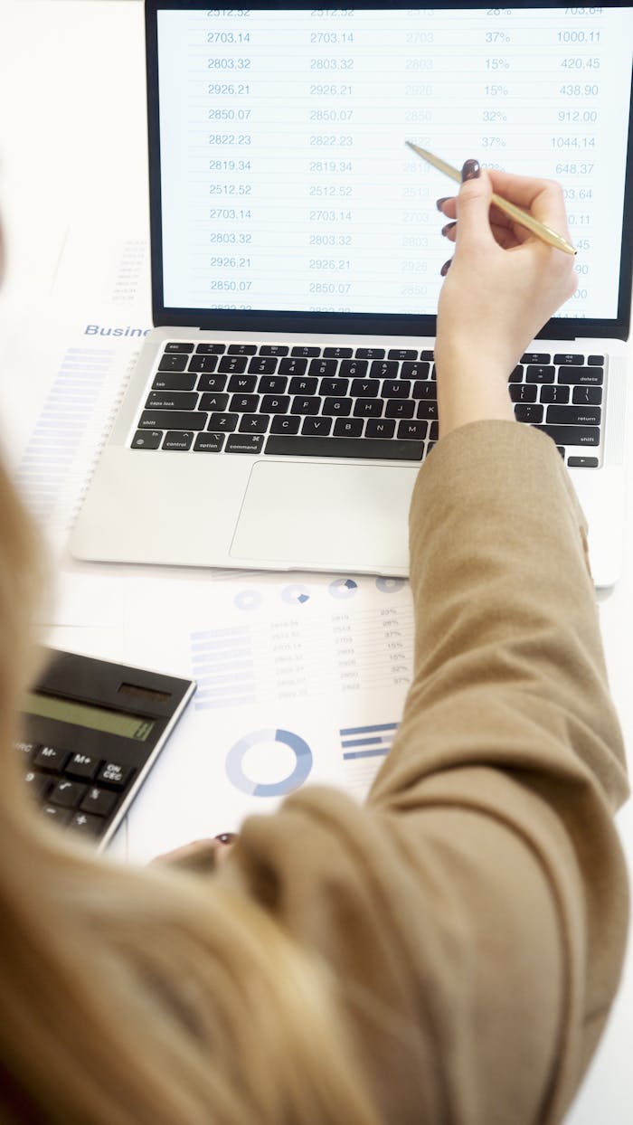 Home Business professional analyzing financial data on a laptop for strategic decision making.